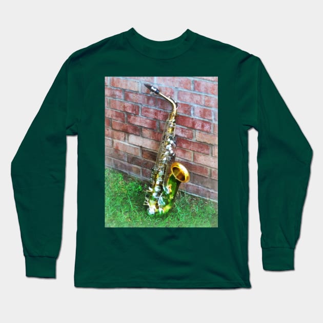 Music - Saxophone Against Brick Long Sleeve T-Shirt by SusanSavad